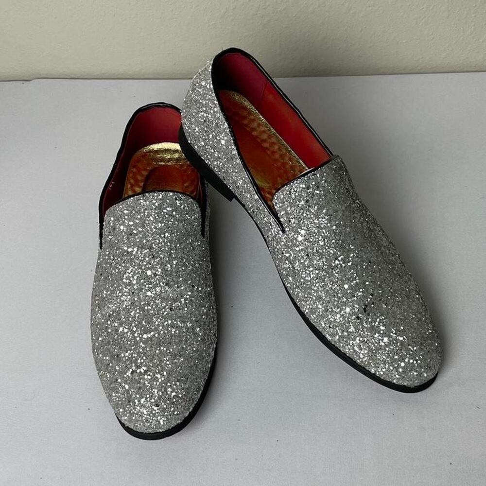 Men’s Haza Pairs Silver Sequin Loafers Size 10 Glitter Party Tuxedo Dress Shoes - Picture 2 of 7